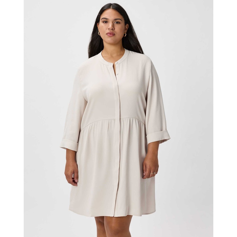 Quince Stretch Crepe Shirt Dress Textured Sand Beige Small Mini Dress